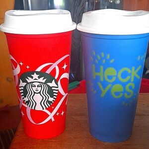 A collection  of Starbucks coffee cups